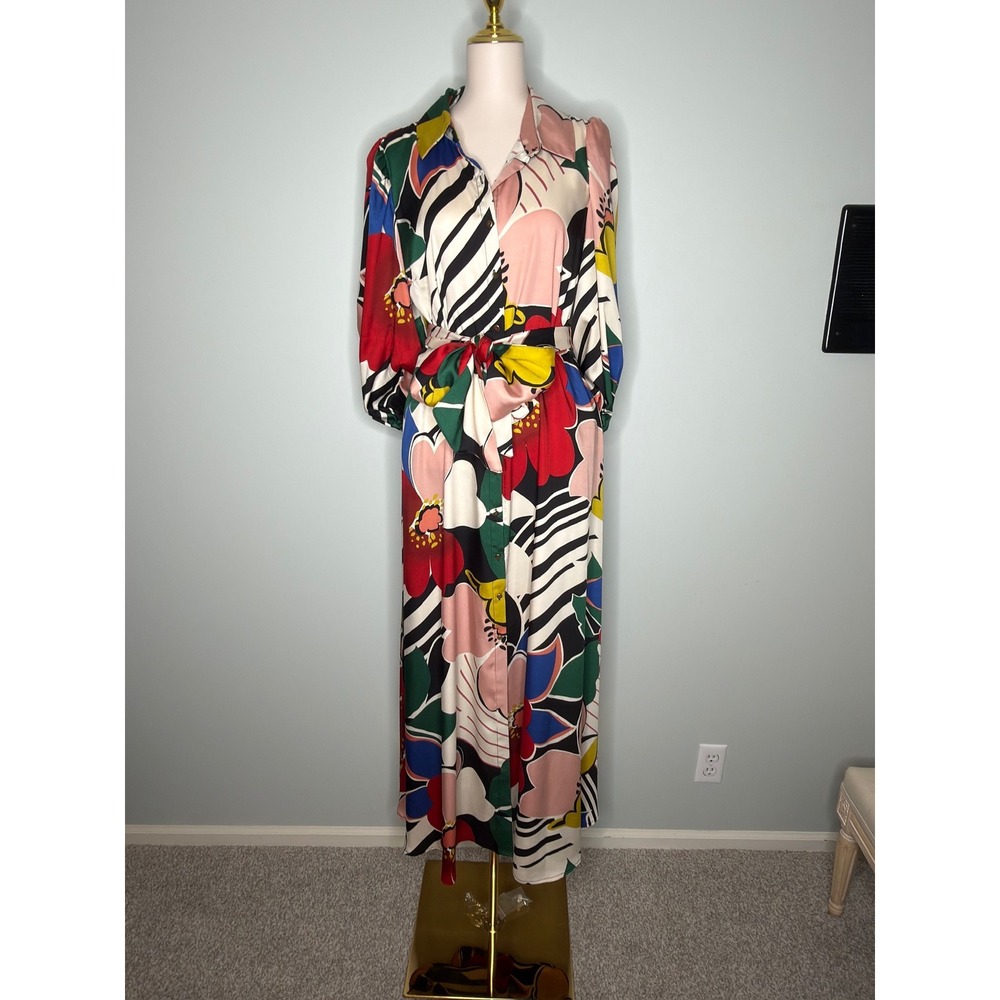 Love X Design Abstract Floral Zebra Print Maxi Shirt Dress Sz L (Fits 10)